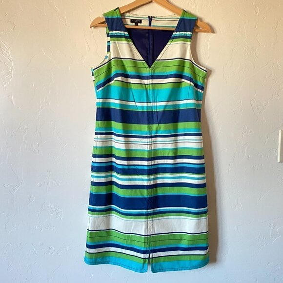 TALBOTS Dress Striped Sleeveless Size 6P - Blue - Green - White - Picture 2 of 8